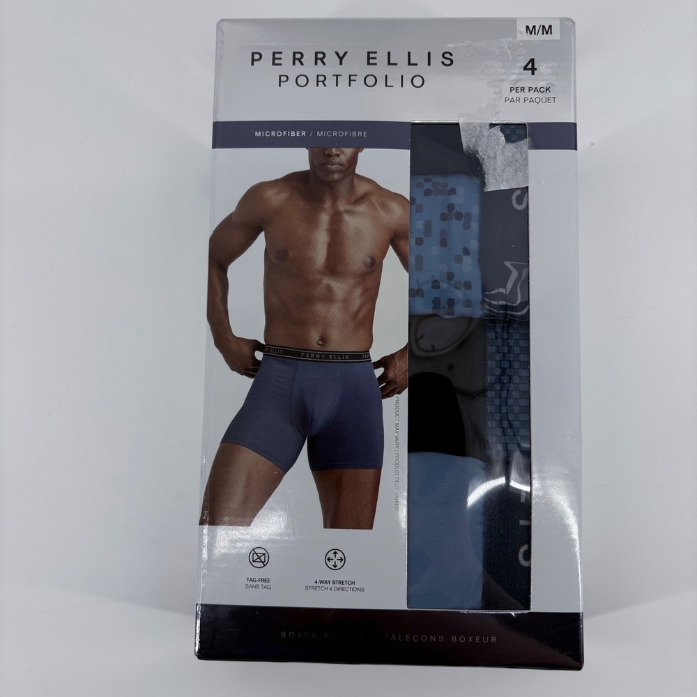 Perry Ellis Mens Boxer Briefs Microfiber Blue Pattern 4 Pack Size M 5in Inseam